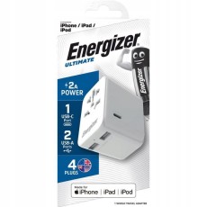 International Adapter And Charger Energizer TA633M USN/CN AU UK EU with USB-C and 2xUSB-A 25W Apple Certified MFI White