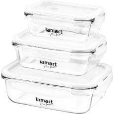 Set of 3 Square Glass Food Containers Lamart LT6011 (370 ml, 640 ml, 1040 ml) Suitable for Refrigerator, Freezer, Microwave Oven