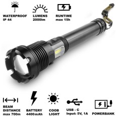 Rechargeable Flashlight Retlux RPL 401 2000 Lumens Beam Distance: 700m Autonomy: 15h Weight: 536gr IP44 Aluminum with Powerbank Function