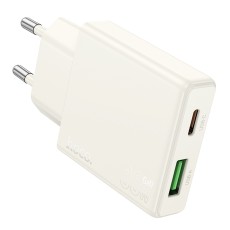 Travel Charger Hoco N45 Biscuit Dual Port Charging USB-C PD30W and USB 18W QC3.0 Moonlight White