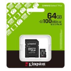 MicroSDXC 64GB Kingston Canvas Select+ Class 10 with SD Adapter up to 150MB/s SDCS3/64GB