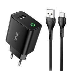 Travel Charger Hoco DC93 1xUSB-A 5V 2.1A with USB-A to USB-C Cable Black