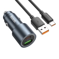 Car Charger Hoco Z60 Bloom PD30W+QC3.0 1xUSB-C 1xUSB-A with Lighting Alluminum Alloy + USB-A to USB-C Cable Black