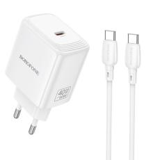 Travel Charger Borofone BN33 Fuente GaN USB-C PD40W + Charging Cable USB-C to USB-C White