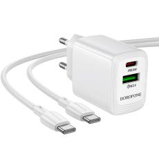 Travel Charger Borofone BN27 Fuente GaN 1xUSB-C PD20W 1xUSB-A QC3.0A and USB-C to USB-C Cable White