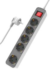 POWERTECH Πολύπριζο Ασφαλείας PT-1057, 5x schuko, 16A, 1.4m, Λευκό - Γκρι